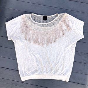 Anthro Ella Moss fringed dolman mesh knit top S